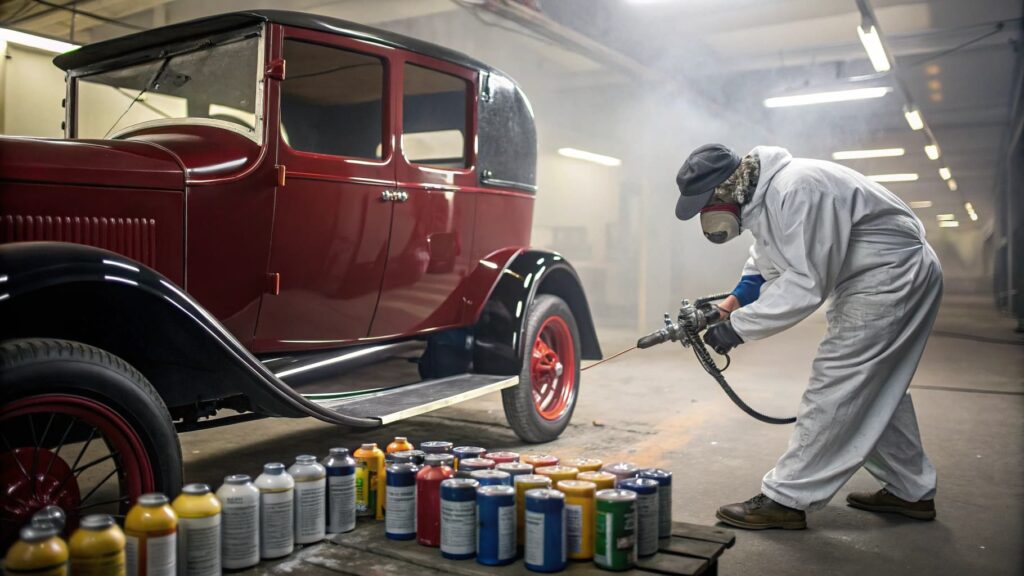 A classic Ford Model T in a workshop mid-painting process