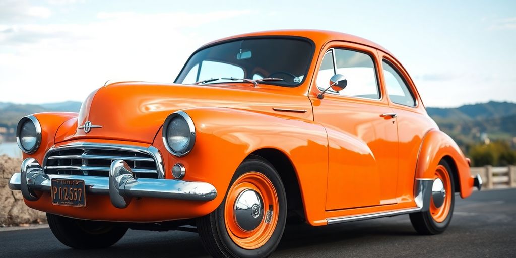 Restored classic car in a scenic outdoor setting.