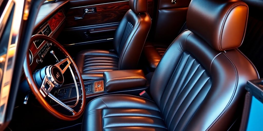 Restored classic car interior with leather seats and wood accents.