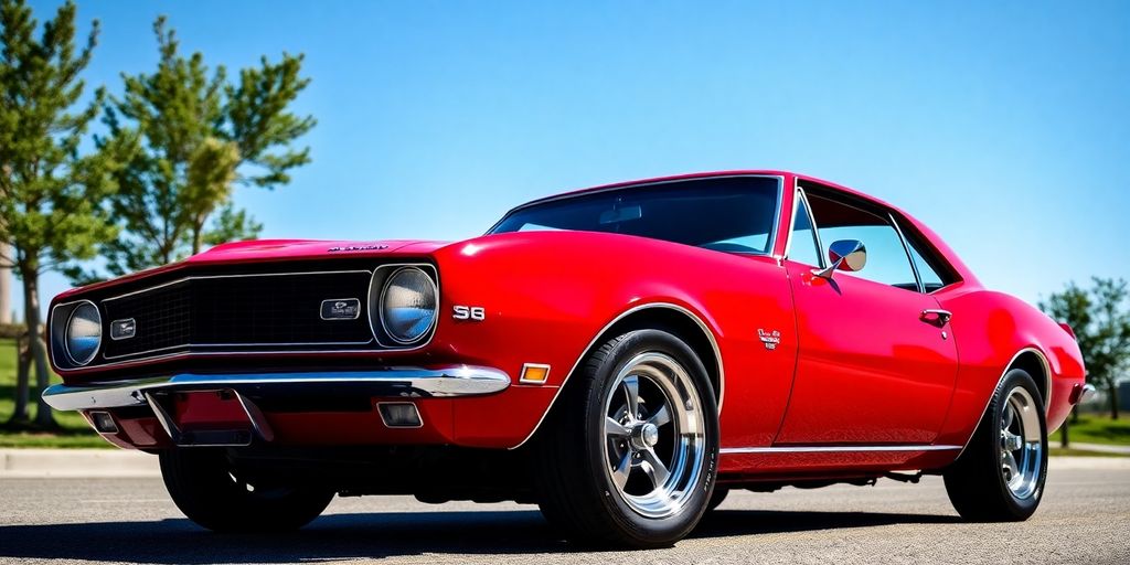 Red 1967 Chevrolet Camaro parked on a sunny street.