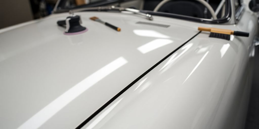 Close-up of a vintage car with primer applied.